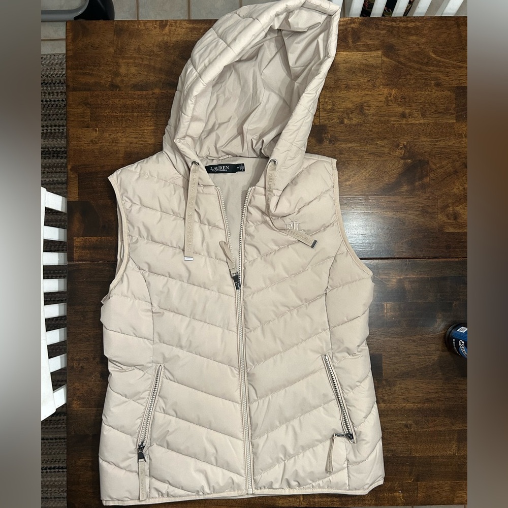 Lauren Ralph Lauren Womens M Hooded Puffer Vest Birch Tan RLL Embroidery